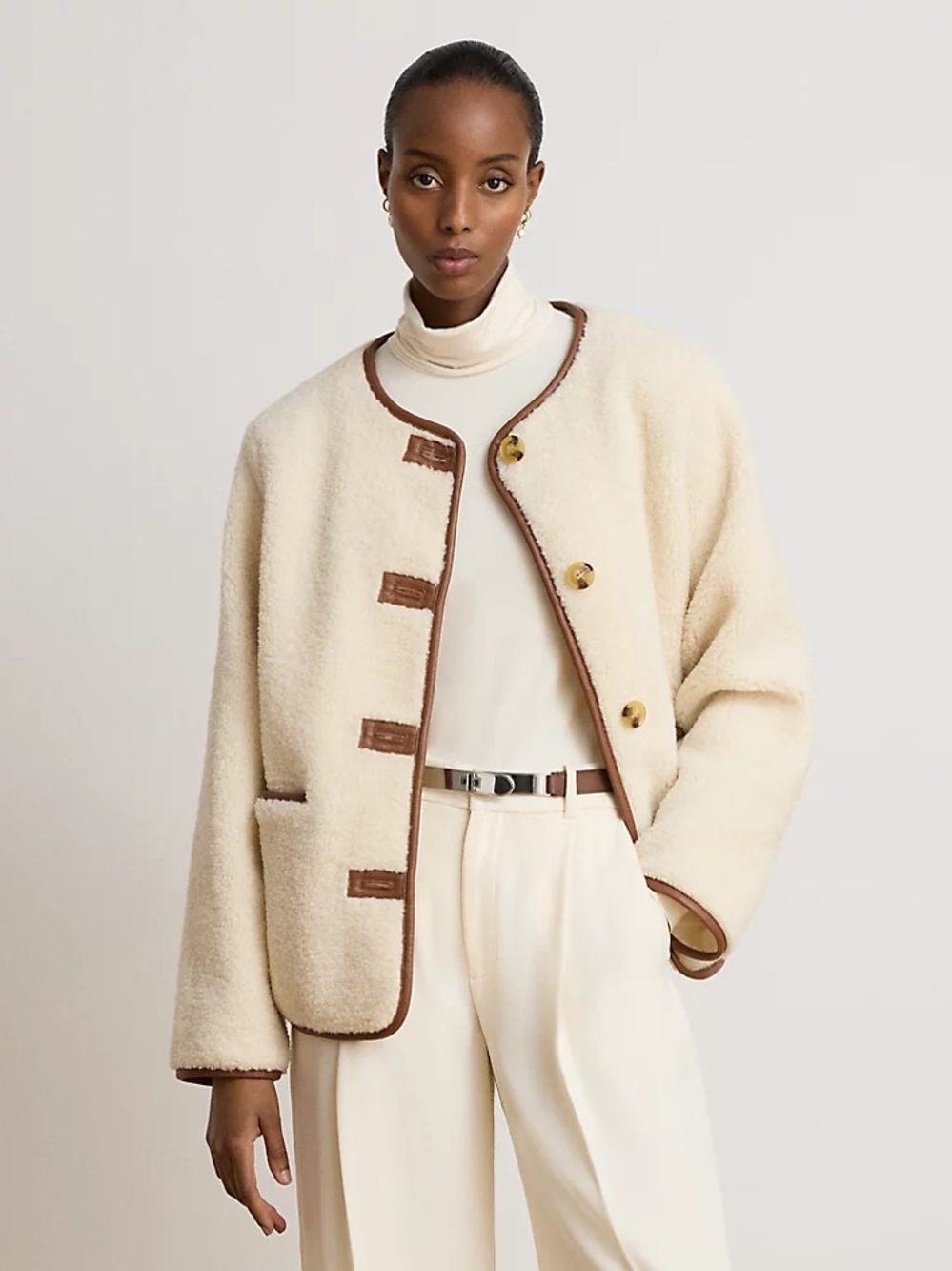 Lauren Ralph Lauren Cream Teddy Jacket with Brown Trim Size Large NWT